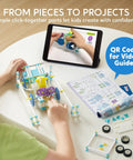 Child building a model from 36-In-1 Motor Robotic Kits For Kids Aged 8-13 using tablet guide and parts on a table.