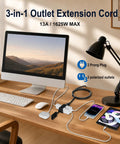 No Hassle Ultra Flat Extension Cord 4 Feet Packs 3 Polarized Outlets and Right Angle Plug Plays Nice in Tight Spots Low Profile Power Strip on desk with monitor and devices.