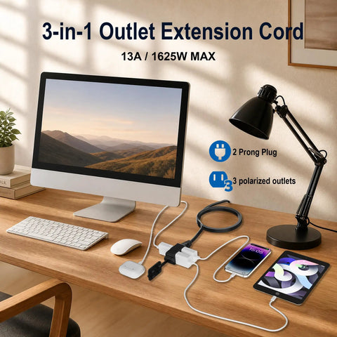 No Hassle Ultra Flat Extension Cord 4 Feet Packs 3 Polarized Outlets and Right Angle Plug Plays Nice in Tight Spots Low Profile Power Strip on desk with monitor and devices.