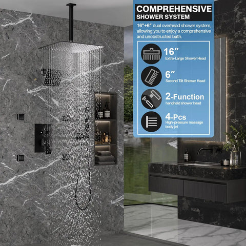 Enga Dual Head Shower System with Jets, 16" + 6" Shower Head with 4 Body Jets, 2-in-1 Handheld Shower Faucet Set, Matte Black, in a modern bathroom