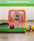 Foam Golf Practice Balls 16 Pack With Realistic Feel And Limited Flight For Safe Indoor Or Outdoor Practice At Home Or In The Backyard Perfect For Swing Reps And Chipping Drills on mat with golf club at indoor setup.