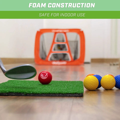 Foam Golf Practice Balls 16 Pack With Realistic Feel And Limited Flight For Safe Indoor Or Outdoor Practice At Home Or In The Backyard Perfect For Swing Reps And Chipping Drills on mat with golf club at indoor setup.