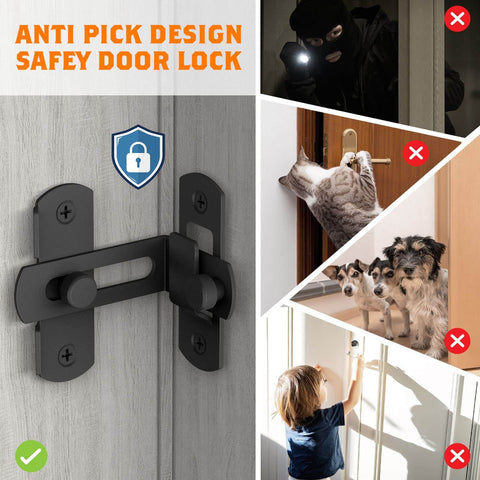 Two Pack 90 Degree Barn Door Lock Latches Matte Black Stainless Steel Security Flip Gate Latches installed on door