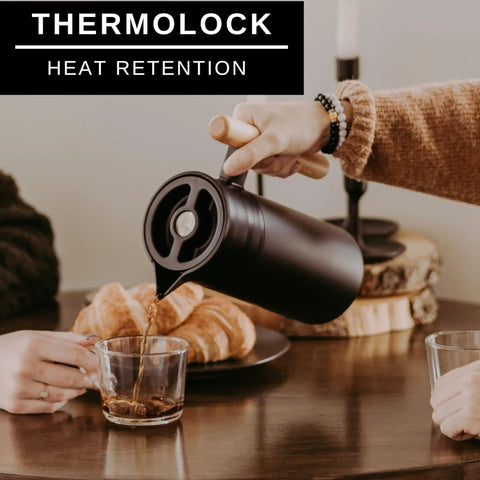 40 Oz Thermal Coffee Carafe With Tea Infuser Stainless Steel Double Walled Vacuum Insulated Beverage Dispenser in use at table