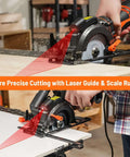DOVAMAN 4-1/2 inch circular saw with laser guide; two-view image cutting wood board, orange and black body.