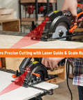 Person using Beast Of A 5.8 Amp Circular Saw With Laser, 4-1/2 Inch Blade, Metal Auxiliary Handle on wood