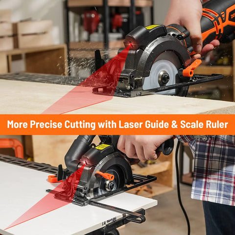 Person using Beast Of A 5.8 Amp Circular Saw With Laser, 4-1/2 Inch Blade, Metal Auxiliary Handle on wood