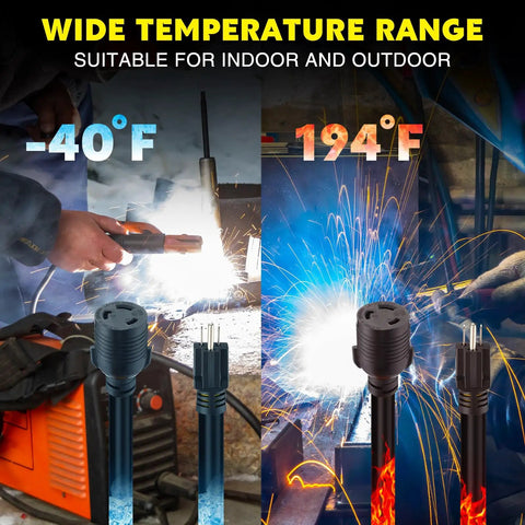 Heavy Duty Nema 5-15P To L6-30R Generator Welder Adapter Cord delivering 125 Volt 15 Amp power for plasma cutters, showing wide temperature range.