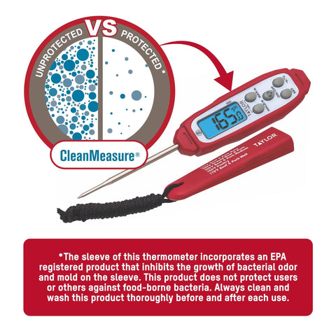 Instant Read Digital Meat Thermometer For GLP-1 Meal Prep displaying 165.3°F with protective sleeve, red color, waterproof.
