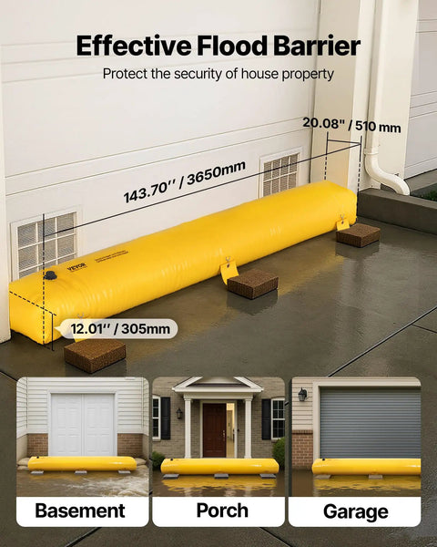 Pro Grade Flood Barrier System For Home Protection, Easy Fill Sandbag Alternative, Yellow PVC tube by garage door
