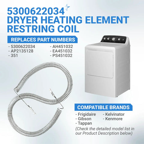 5300622034 Heating Element Restring Coil With Five Sixteenth Inch Terminals for Frigidaire Kenmore Dryers, coil and dryer view