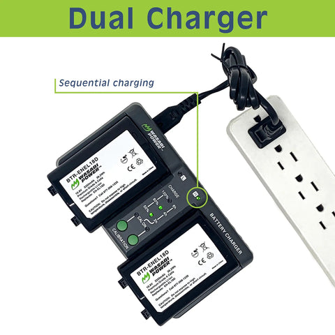 Two Pack Battery And Dual Charger For Nikon EN-EL18d Cameras plugged into power strip