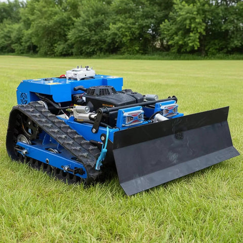 Remote Control RC Tracked Lawn Mower For Slopes And Uneven Terrain in grassy yard with front blade and tracked wheels.