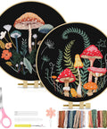 Two Pack Embroidery Kit For Grownups Beginner Friendly With Mushroom Pattern Hoops Tools Colorful Threads Needles And Step By Step Instructions DIY Starter Set showing two hoops with mushroom designs and colorful threads.