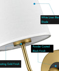 Close-up of the Gold Fabric Shade Wall Sconce Set of 2, showing white linen blend shade, e-coating gold finish, and black back plate.