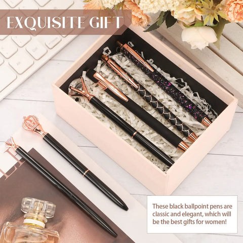 Six Pack Ballpoint Pen Set With Metal Crystal Diamond Accents, Glittery Aesthetic Pens For Journaling, displayed in gift box