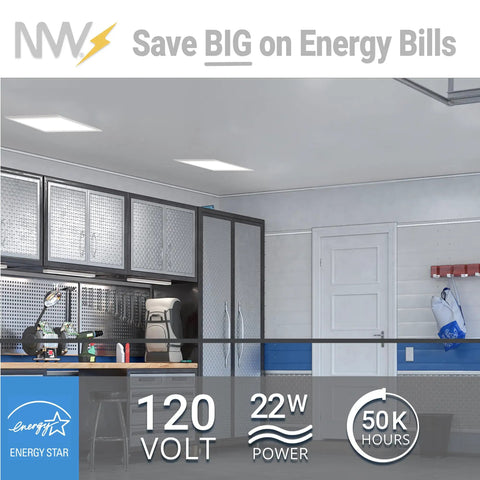 1 By 2 Foot LED Flat Panel Light With No Fuss 5CCT Color Temperature 2700K To 5000K, shown installed in a garage workspace