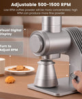 Slick Single Dose Espresso Grinder Featuring Variable Speed Stepless Control And A 64 Mm Titanium Flat Burr Delivers Killer Grinds For Drip French Press And Cold Brew Methods With Zero Hassle showing adjustable RPM dial and digital display.