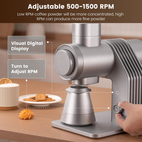 Slick Single Dose Espresso Grinder Featuring Variable Speed Stepless Control And A 64 Mm Titanium Flat Burr Delivers Killer Grinds For Drip French Press And Cold Brew Methods With Zero Hassle showing adjustable RPM dial and digital display.