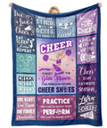 Blue Purple Throw Blanket 50x60 Inches with Inspirational Quotes Grid Design held up by person, featuring cheerleading themes.