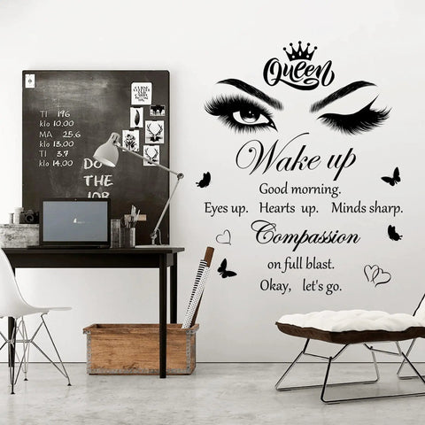 Feel Good Vibe Inspirational Quotes Wall Decals Set With Eye Motifs And Eyelash Art Queen Crown Butterflies And Hearts Removable Positive Vinyl Wall Sticker For Women Girls Bedroom Living Room Bathroom Decor displayed on a wall with motivational quotes and eye graphics.