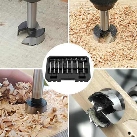 GMTOOLS Forstner bit set, 8-piece for wood; carbide round-shank bits in a case.