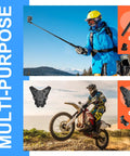 Person using 70in1 Action Camera Accessories Kit for GoPro and most cameras including selfie stick and mounts while skiing and biking