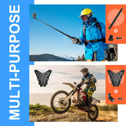 Person using 70in1 Action Camera Accessories Kit for GoPro and most cameras including selfie stick and mounts while skiing and biking