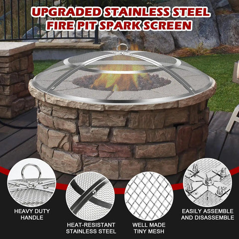 24 Inch Fire Pit Screen Cover With Handle And Poker, Stainless Steel Outdoor Round Mesh Lid Heavy Duty Replacement For Backyard Beach RV Camping Keeps Sparks In The Pit on stone fire pit outdoors