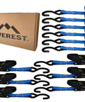 Heavy Duty 6 Pack Ratchet Straps Tie Down Haulers 1 Inch X 12 Foot With S Hooks For Cargo On Trucks Kayaks And Boats, 6 blue straps with hooks and storage box.