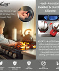 Kid Safe Stove Knob Locks For Gas And Electric Stoves Gray Silicone Safety Covers To Stop Toddlers And Pets From Turning On Burners Universal Size Protectors Baby Proofing For Home Easy Install 5 Pack shown in use on stove.
