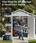 Outdoor Resin Storage Shed 8x10 Ft With Lockable Door Weather Resistant Plastic Garden Tool Shed open with man carrying ladder