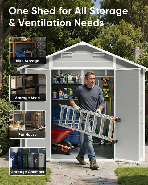 Outdoor Resin Storage Shed 8x10 Ft With Lockable Door Weather Resistant Plastic Garden Tool Shed open with man carrying ladder