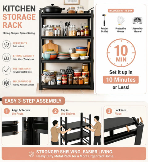32 Inch Tall Metal Kitchen Storage Shelf With 3 Tier Adjustable Bakers Rack Organizers, Heavy Duty Industrial Steel Frame