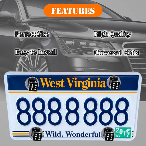 4 Piece Slick Black Dice License Plate Bolt Kit With Shiny Aluminum Covers And Rust Proof Steel Fasteners For Your Whip Upgrade Drop Right In Setup Universal Fit on a license plate.