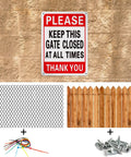 Four Pack Please Keep Gate Closed Signs 10x7 Inches Hella Tough Weatherproof Aluminum Warning Plaque displayed on wall.