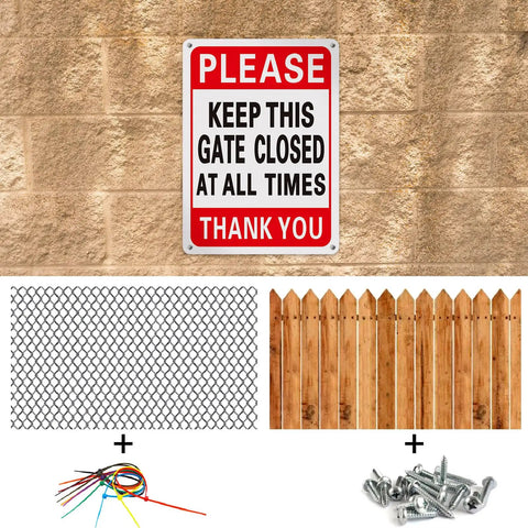 Four Pack Please Keep Gate Closed Signs 10x7 Inches Hella Tough Weatherproof Aluminum Warning Plaque displayed on wall.