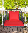 Red Wicker Porch Swing Chair For One With Cushioned Seat and Back, Reinforced Metal Frame, two sturdy hanging ropes in garden