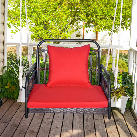 Red Wicker Porch Swing Chair For One With Cushioned Seat and Back, Reinforced Metal Frame, two sturdy hanging ropes in garden