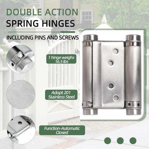 Four Pack Double Action Spring Hinges For Self Closing Doors 3 Inch Stainless Steel 201 Includes Pins And Screws Great For Cafe Saloon Pub Swinging Doors, front view