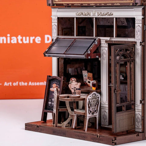 DIY Miniature Coffee Shop Kit With LED Light For Adults Teens And Kids, detailed 3D wooden puzzles of cafe exterior on display