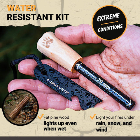 Close-up of Fire Starter Survival Kit With 3 Eighth Inch Ferro Rod, multi-tool striker, and text detailing waterproof features.
