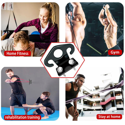 Badass Heavy Duty 4 Pack Resistance Band Wall Anchors For Home Gym Workout Exercise Fitness Physical Therapy And Compact Studio Training Gear Black Finish shown in various training activities and installations.