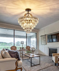 5 Light Crystal Chandelier Ceiling Light Fixture Semi Flush Mount Black Finish in living room with modern rustic decor.