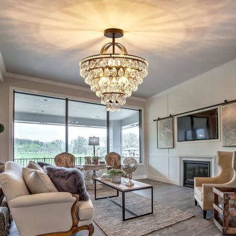 5 Light Crystal Chandelier Ceiling Light Fixture Semi Flush Mount Black Finish in living room with modern rustic decor.