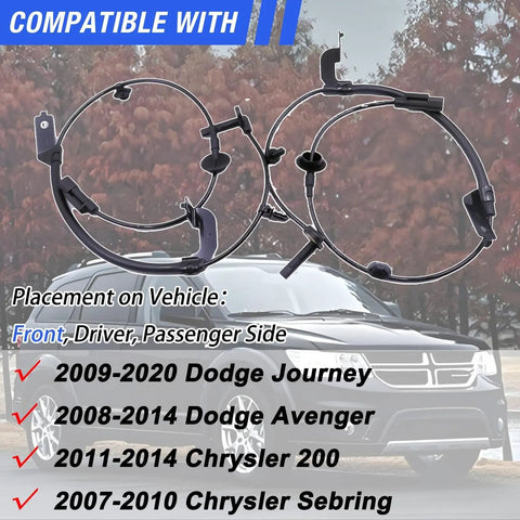 Front Abs Wheel Speed Sensor Pair Fits 2009 To 2020 Dodge Journey Chrysler 200 Avenger shown with vehicle background.