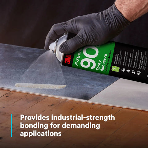 High Strength Spray Adhesive Glue Clear Fast Dry Formula 19 Oz Aerosol Can applied to metal surface for strong bonding.