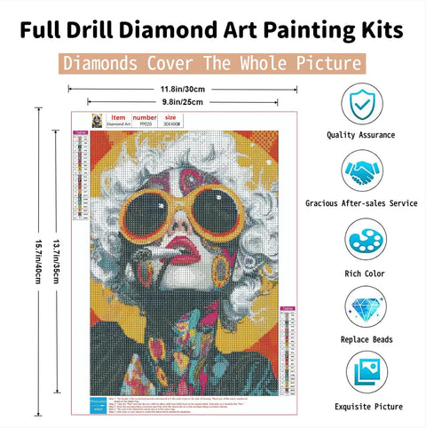 5D Diamond Painting Kit For Adults Beginner Retro Mod Girl Round Full Drill Diamond Art With Tools Edgy Colorful Dot Art Craft For Home Wall Decor And Gift Perfect For Stress Relief And DIY Creative Vibe 12x16 Inches with image of retro mod girl with sunglasses and colorful background.