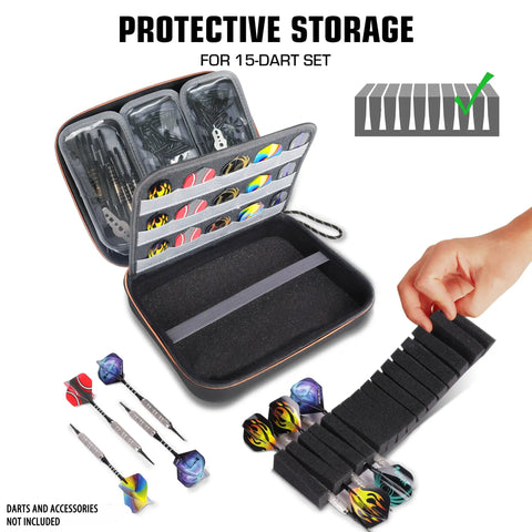 XL Dart Case With Locking Foam For On The Go Transport, semi hard shell showing interior storage for darts and accessories