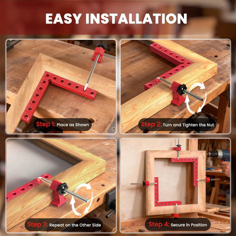 Installation steps using Pro Grade Right Angle Woodworking Clamps 4 Pack 5.5 Inch Aluminum Alloy Spreader Squares for precise assembly.